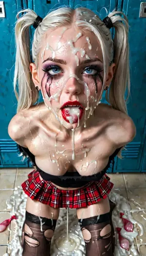 Multiple panels, multiple views, (before and after), pale skin, changing room, (orgasm face:1.4), (pale white skin:1.4), albino skin, (white hair), messy hair, (high pigtails), (zoom out overhead view:1.3), black shirt, goth makeup, goth clothes, (smeared makeup:1.1), (running eyeliner:1.1), (smeared eyeliner:1.1), torn fishnet stockings, plaid skirt, cleavage, torn clothes, small breast, perky breasts, skinny face, sharp face features, skinny legs, small ass, skinny thighs, shaved pussy, (cum on face:1.5), (excessive cum leaking from mouth on to chest:1.1), (excessive cum leaking from pussy:1.1), cum on pussy, kneeling, used condoms, running, dribble, from, tongue, tears, in, mouth, chin, nose, lip, forehead, lipstick, smear, crying, gagged, gagging, oral, invitation, after, fellatio, cum, on, face, cumshot, cumfacial, facial, Beforeafter