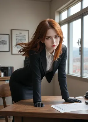 1 girl, European face, business lady, solo, strict business tight suit, black gloves, red long hair, orange eyes, jacket open, standing bent over a long table in an office with huge windows, hair fluttering in the wind, accent on the ass
