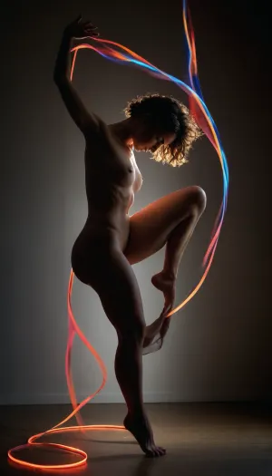 A fine art nude photography series exploring the surreal and abstract nature of the human body. A curvy female model is captured in an unusual, gravity-defying pose that challenges traditional balance and form. Her body twists in a sculptural yet fluid motion, with one arm extended unnaturally high while the other folds inward, creating an asymmetrical composition. One leg is barely grounded while the other lifts into the air at an unexpected angle. Thin neon light strips carve sharp lines around her silhouette, partially illuminating her while leaving parts of her body obscured in darkness. The reflective floor subtly distorts her presence, enhancing the sense of dreamlike abstraction. Shadows stretch and merge with her form, blurring the boundaries between body and space. The image evokes themes of surrealism, movement, and organic geometry, transforming the figure into a living sculpture suspended between reality and illusion.