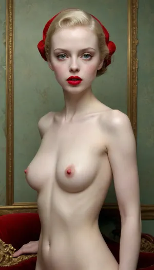 full nude, bright red lipstick, by Ray Caesar, ((wallpaper))