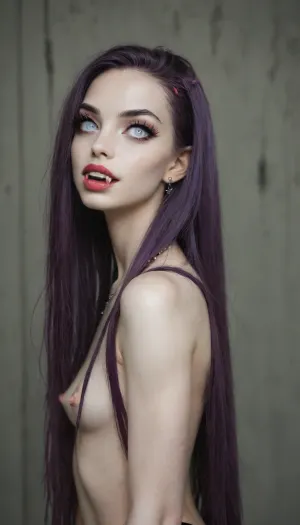 (1 cute girl vampire:1.3), side view, (showing vampire fangs:1.4), (big thick lips:1.1), (small thin face:1.3), (small head:1.1), (purple hair:1.2), (extremely long bob hairstyle:1.4), thin eyebrows, (long revealing black clothing:1.3), (nude:1.2), (extremely pale skin:1.3), (dimples), (very long thick eyelashes:1.2), (extremely pure white eyes:1.4), (no pupils:1.4), (cute muscular body:1.1), collarbones, (multiple big necklace:1.3), (earrings:1.1), (cute medium breasts:1.2), (small waist:1), (tiny dark erect nipples:1.3), (bubble butt:1.2), (thick thighs:1.4), (long legs:1.3), (multicolour hair:1.2), (beads in hair:1.3), (full body view:1.2), (perfect cute eyes:1.5), perfect teeth, 8k, (undead wasteland at night:1.2), 512/3000