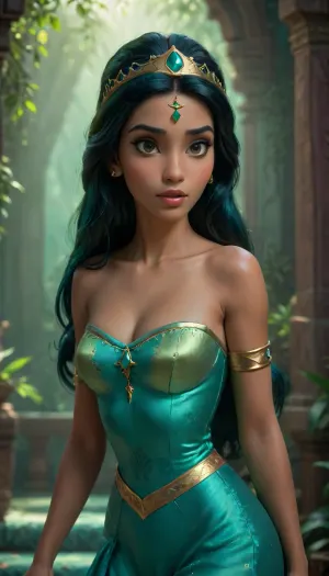 green picture, full dark green, dark green skin, dark green body, green princess jasmin disney, <lora:princess_xl_v2:.5>