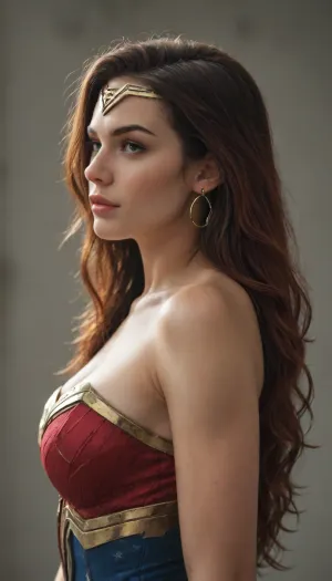 wonder woman, ((full figure)), side view, sexy, very long red hair, Snyder, Style, <lora:Dataset:.8>