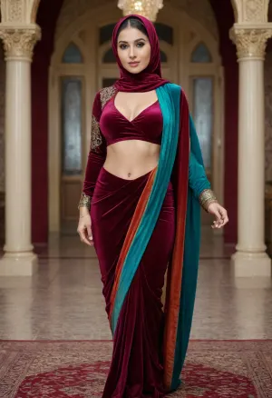 35-year-old beautiful Muslim woman in a tight-fitting colourful velvet long saree, the clothed velvet saree is slightly see-through, in a colourful hijab, sexy body, perfect breasts, fitness figure, woman, in, saree, 4K HD visual, Realistic, r, <lora:Saree_Babes_V1:.8>, mar00nv3lv3t, long, sleeves, dress, standing, full, body, maroon, velvet, see-through, <lora:m3shc0rsetdr3ss:.8>
