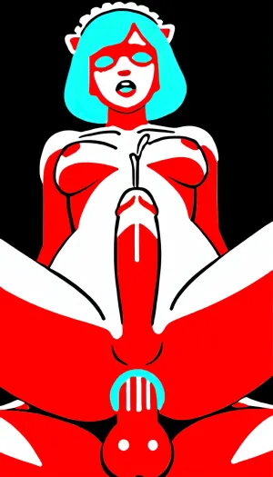 (Catferl, neon blue hair), futanari woman with a venus erect cock, maid, showing her cock, (cum), anal fucked, low angle, medium shot, from the front, orgasmic, cumming, cumshot, j_cartoon, <lora:Animated_Concept:.8>, <lora:j_Manhwa_sdxl:.8>