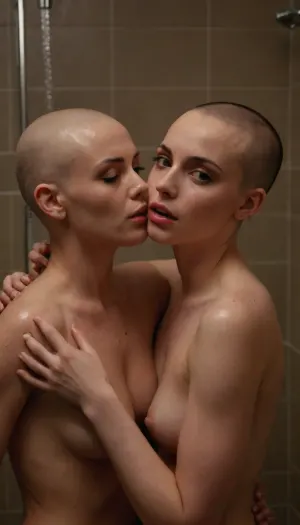 Bald sexy 22 year old irish woman, pretty makeup, pale skin, headshaving action scene in a shower, wet bodies, under shower, being hugged by her girlfriend, shaved bald head, scalp covered with shaving foam, her girlfriend holding and electric hair clippers to her bald head, her lesbian girlfriend shaving her bald head, running the electric clippers across her bald scalp, full length body shot, confident seductive look, looking at camera, supermodel, face, big, lips, good lighting, superb detailed, exquisite detail face and head, one girl looking at camera, just about to kiss, horny girls, full length nude shot, <lora:Beautify-Supermodel-SDXL:.5>
