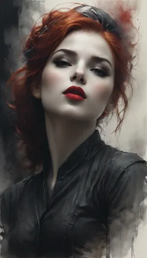 blackandwhite, full nude, sepia, (((redhead, bright red lipstick))), Grunge style, Expression, Black, and, white, art, black, pencil, shading, charcoal, drawing, toned, paper, brutal, dark, b/w, color, scheme, <lora:Black and white art.V1:.8>