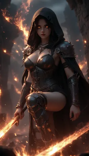 woman, long black messy hair, rings, earrings, necklace, bracelet, strong makeup, big breasts, perfect Body, best quality, perfect face, perfect body, highres, 8k wallpaper, (soft lighting:.5), quality, black hood, cape, ((deathknight black spiky full metal warrior armor)), hood, burning undead tomb, black warpaint, skulls, (burning sword in right hand), dynamic pose, fire armor bustier deep cleavage, (perfect ass), fire, burning, (Leg armor), hkstyle, half nipples, nip slip, crazy facial expression, firewalls, flaming eyes, surrounded by fire, <lora:hkstyleV5:.8>, <lora:dark:.4>
