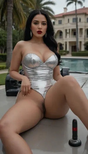 photo of a high fashion curvy woman with black hair wearing a silver glowy maxi dress, surreal, bentley, real big glow, Bel Air mansion, old money aesthetic, cloudy day, palmtreebeautiful sexy slender young thick busty figure indian girl sitting on a luxury dildo, full nude boobs and pussy, infront of two pc and cameras, wearing a jewelry mask, red lipstick, navel pirrcing, a, women, wears, mask, machine, dildo, sucking, sex, toyБогиня Бастет в своем храме с кошками.