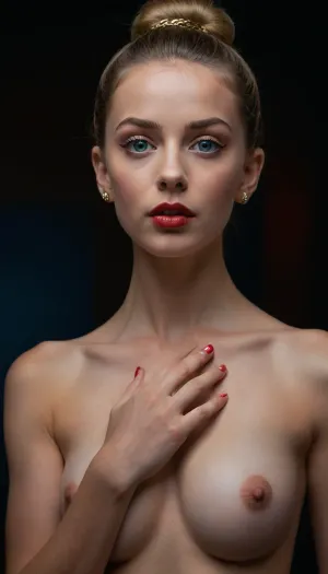 photorealistic, full body view, ultra high quality, high definition, nude naked 25-year-old ballerina, athletic, muscular, hair in bun, beautiful face, toned, arabesque, pierced nipples with big golden rings, ((fully nude)), high heel red shoes, thick labia majora, shaved pussy, no clothing, perfect eyes, beautiful blue eyes, blue nail paint, naked, nude
