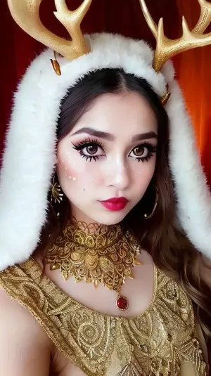 upper body, ((nose piercing ring)), lip piercing, golden makeup, (Young face, cute face), lace filigree of bright, rich color. Super clear, highly detailed, faunmakeup, makeup, white, spots, dark upper lip, horns, antlers, reindeer, animal ears pointy, <lora:faunmakeup:.5>