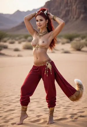 Full length, body shot, Satrana, ember enchantress, (AFK_Journey), young woman, kind, cheery, smiling, fit, lithe body, dancers physique, extremely tanned skin, extreme tan lines, deep red hair, scarlet hair, long hair, slightly messy ponytail, wavy hair, ponytail, bright red eyes, thin red desert attire, dark red dancer attire, scarlet belly dancer outfit, crimson desert dancer attire, baggy pants, thin clothes, leg silhouette visible under pants, silhouetted legs, lots of gold jewelry, streaked hair, gold bangles, gold hip chain, gold choker, gold accents, fox ears, large fox ears, extremely bushy fox tail, extremely fluffy tail, raised tail, tail the size of her torso, tail behind back, extremely large fox tail, fox beast kin, fox girl, beast kin, fox ears and tail, dancer pose, in a desert, patterned tan lines, tribal tattoo tan lines, dancer motif, dancer aesthetic, tribal vibes, fantasy setting