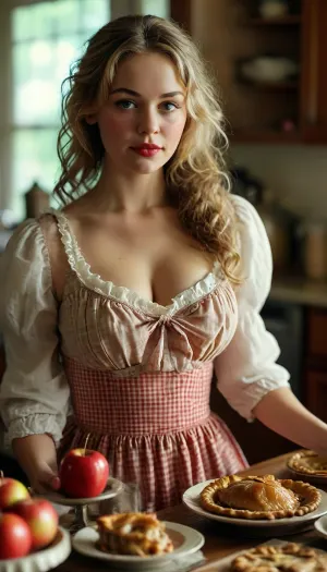 Wife, gingham dress, kitchen, serving dinner, a roast turkey, apple pie, plump lips, DDD-breasts, 5-foot-9-inches, tall, buxom, full-figured, curvaceous, <lora:MJ52:.8>