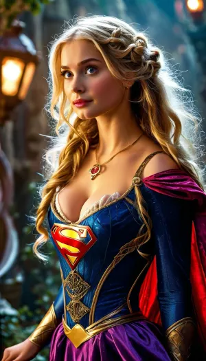 (movie poster for a 2023s SciFi movie version of "Tangled"), (Sexy "rapunzel" in outrageous action scene), cleavage, (supergirl skimpy intricate mini tight fitted dress), sexy legs, huge breasts, <lora:MJ52:.8>