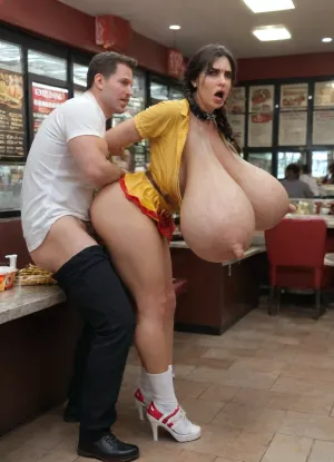 angry, expression, sagging breasts, girl, Sybil Stallone, abused, afraid, embarassed, humiliated, submissive, bdsm, slave restraints, in the Fast food restaurants A serious Female McDonald's cashier whose only redeeming feature is her gigantic breasts dressed fucked anal, anal fucking, (dressed in a McDonald's Red and Yellow uniform), mini skirt, white socks, and glasses, Youthful Skin, photorealistic, detailed skin texture, highly detailed hair, maximum detail, thicc voluptuous model figure, soft light, Orgasm face, stunning face, 18 years old Female McDonald's cashier, pale skin, gigantic tits, big breasts, huge tits, hairy pussy, very realistic, best quality, high detail, TotalDetail, 18 years old, (Standing behind the checkout counter where customers are lined up, she leans on the checkout counter with her hands or elbows, her chest on the checkout counter, Female McDonald's cashier leans against the checkout counter, Female McDonald's cashier standing leaning forward, realistic face, symmetrical face, she holds on the checkout counter), (Inside the McDonald's checkout counter, Red and Yellow Fast food restaurants:1.5), anal, fucked anal, (Two braids and bangs), narrow waist, high definition photograph, straight hair, ultra detailed, intricate details, (photorealistic:1.5), 8k, UHD, wide angular lens, Wein light, contrast, tack sharp, (masterpiece:1), perfect huge tits, slim body, (anal sex:1.5), anal penetration, moaning, no makeup, (side view:1.5), prone bone, anal creampie, cum, curly hair, (pain:1.5), painful, terrified, freckles, (assfuck:1.5), huge dick in anus, (crying:1.5), forced onto a mattress by several men, (held down by several men:1.5), really sagging breasts, boobs, tits, chest, big, hips, thighs, wide, thick, plump, belly female, arms, bmbplora, <lora:bimboxl_02:.8>