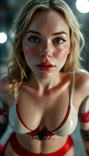 POV, View from above, looking down at her, Gwen Stacy, spider-woman, beautiful woman, plump lips, DDD-breasts, 5-foot-9-inches, tall, buxom, full-figured, curvaceous, freckles, moonlight, lightning, <lora:MJ52:.8>