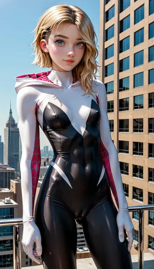 summer heat, bright sun, clear weather, (((18 years old))), (((young))), (spider girl Gwen), (tight outfit), athletic body, hood on head, (blonde with pink strands), climbs to the roof of a high-rise building, New York day, (((pyssy cameltoe))), bodysuit, hand, distant view, <lora:HandFineTuning_XL:1>, <lora:MGLRbodysuit_sdxl:.6>, <lora:uberfit_lora_sdxl:.4>, <lora:Spider-Gwen:.8>