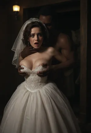 interracial, Persian plump bride, Innocent face, dark room, black walls, black curtains, He bites the bride's breast. hardcore, no electricity, no light, dark night, moonlight rays, blue shade light, ambient lighting, night, bent forward, shocked face, woman crying, ruined makeup, huge black brutes fucking the bride in full nelson position, wedding dress, huge size naked black brute, black hand chokng the bride, hold bride's neck, choke, orgasm., glowingdust, Secret photo, peeping, betrayal, candid photo, 70-200 mm lens, bokeh, Rainbowiridal, Spiral, rainbowiridal, palette, Shiny..., Bright..., Intense, gaze, Fire, dragon, Amber, cat, Anthro..., woman, Genetically, modified..., (many, hands, caress, a, woman's, body:1.3), BadX, shocked, nonplussed, <lora:dark:.4>, <lora:Stunning_eyes_2:.4>, <lora:shocked:.7>