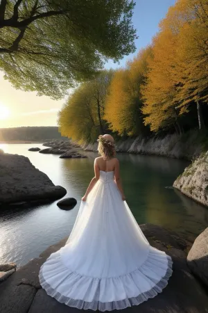 **Prompt complet, **

"Une femme blonde avec des cheveux longs, ondulés et brillants, légèrement balayés par une brise douce, pose gracieusement sur un pont en pierre ancien au coucher du soleil. Ses cheveux ont des reflets dorés qui captent la lumière chaude du soleil descendant à l'horizon. "Elle est complètement nue", "la poitrine tombant tombant realiste", "sex poilues_ . Les cheveux'agite doucement dans le vent, ajoutant une touche de mouvement naturel à la scène.

Le pont pittoresque est entouré de verdure luxuriante, avec des lierres grimpants qui s'enroulent autour des pierres anciennes. Sous le pont, une rivière calme reflète les couleurs vibrantes du ciel crépusculaire, des nuances de rose, d'orange et de violet se mélangent harmonieusement. Les reflets dorés du soleil dansent sur la surface de l'eau, créant une atmosphère apaisante et romantique.

L'éclairage est doux et doré, typique du "golden hour", baignant la scène d'une lumière chaude et enveloppante. Le ciel est parsemé de quelques nuages fins qui capturent les derniers rayons du soleil, ajoutant de la profondeur à l'image. En arrière-plan, des collines boisées se dessinent à l'horizon, avec des touches de brume légère qui flottent près du sol, renforçant l'idée d'un lieu paisible et enchanteur.

La femme regarde directement vers l'objectif, avec un sourire léger mais sincère, comme si elle partageait un moment intime avec le spectateur. Ses yeux sont d'un bleu clair saisissant, captivant l'attention. Elle tient délicatement une fleur blanche entre ses doigts, ajoutant une symbolique de pureté et de grâce à la composition. Ses pieds sont légèrement nus, effleurant la surface rugueuse du pont, ce qui ajoute une touche de simplicité et de connexion avec la nature.

Le style artistique est réaliste, avec une attention méticuleuse aux détails, chaque pli de la robe, chaque texture de la pierre du pont, et chaque reflet sur l'eau sont rendus avec précision. L'atmosphère globale est empreinte de romance, de nostalgie et de sérénité, comme si cette scène était tirée d'un conte de fées moderne."