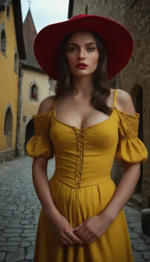 brunette female medieval prostitute in a medieval town. She wears a yellow dress and a red hat. 4k, photorealistic, ZipRealism, ohwx