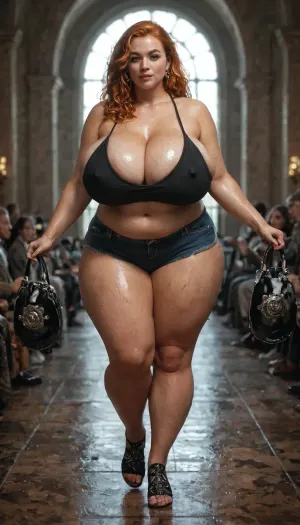 A huge titted young scottish Bbw Girl, holding her gigantic breasts, huge areolas, seductive Face, Long straight Ginger hair, masterpiece, clothed, Full Body View, wet Body, detailed lighting