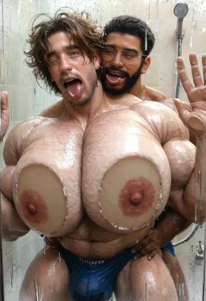 Masterpiece, realistic, gay sex couple, two Muscular daddy guys, shower, wet, motion lines, one eye closed, huge pecs pressed against shower glass, (pressed againstglass:1.7), (big pecs:1.5), (big bulge:1.2), pressed against glass, hug from behind, brown messy hair, wet hair, drooling, blushing, tongue out licking glass, fat juicy hairy pecs, so much precum, saliva, gooner, ahegao face, (ahegao:1.8)