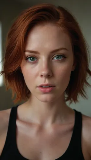 (long photograph), of a woman, ((redhead with short hair, pretty green eyes)), 25 years old, penetrating gaze, detailed skin, pretty, wearing a tight black tank top, long ripped and tight black pants, sneakers black converse, natural light, studio light, golden hour, photoshoot, DSLR, 64K, UHD, HDR, (masterpiece), cover, intricate details, ((high quality)), highly detailed, (cover), hyper-realistic, sexy girl, Extremely Realistic, Sexy Girl