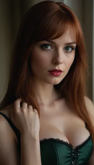 A close-up photo of a woman from Poland, with long red hair and bangs, wearing a black corset. She has a serene expression in her almond-shaped eyes, expressive green eyes, soft lips with a hint of red lipstick, and smooth, fair skin with a hint of natural glow. Her makeup includes subtle eye shadow, mascara and a light blush that highlights her cheekbones. Her hand is gently placed near her shoulder, showing off her manicured nails. She stands near a softly lit window, the soft natural light highlighting her features. The background is slightly blurred, focusing on the face and upper body. break high resolution camera, close-up lens, natural lighting, modern realism, soft shadows, intimate scenery, HD quality, natural look