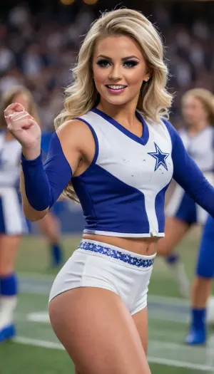 beautiful busty tall brunette Dallas Cowboys cheerleader, classy, wholesome, in full uniform, (authentic Dallas Cowboys cheerleading uniform with bright blue long-sleeved blouse+white vest with large blue stars+short white shorts+tall white belt with blue stars+white calf-high cowboy boots:1.8), (crowded football stadium), natural medium breasts, bokeh, insanely detailed, (cinematic), dramatic lighting, (very hairy bush), realistic skin, (view from the feet up:1.6), masterpiece, 8K, <lora:SDXLHighDetail_v6-000005:.9>, detailxl, BadX