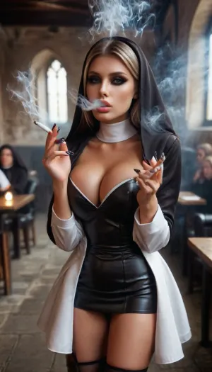 Nuns in white black latex, large, breasts, big, boobs, huge, tits, bimbo, filles lips, long nails, heavy Makeup, <lora:bombshell_v2:.8>, smokinglora, <lora:smoking_v2:.8>, Highest platform heels, shortest miniskirt, cloister, other similar looking nuns, smoking, smoke, coming, out, of, the, mouth, <lora:Smoking_Babes_XL_V2:.8>