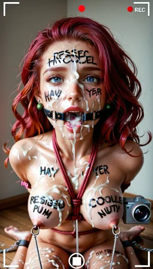 Jessie of Pokemon, camera view, 30 year old redhead woman, long wavy hair, straddles bare wooden feet, feet chained, tied up, Pokemon body writing, nipple clamps, ring gag, heavy drooling, rope on leash around neck, face covered in cum, hair covered in cum, covered in cum, tits covered in cum, breasts covered in cum, (body covered in cum)