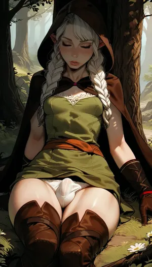 masterpiece, best quality, high resolution, hires, score_9, score_8_up, score_7_up, score_6_up, ((Elf from Dragon's Crown)), incase, style, ratatatat74, solo, close up, futanari, ((brown hood and cloak)), white hair, twin braids, (green tunic), sleeveless, green skirt, brown gloves, small breasts, thin body, ((wide hips, thick thighs)), sitting on ground, leaning back against tree, sleeping, white panties, penis, bulge, (brown thigh high boots), day, detailed, wooden bow, fantasy, forest, <lora:287175_training_data:1.5>, <lora:ratatatat74-000050:1.3>