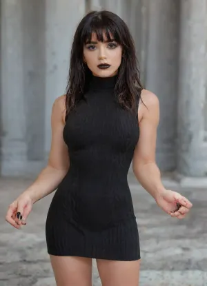 Professional photo, candid action shot, moody lighting, hyper-realistic, ultra-high quality, insanely detailed. Stunning 22-year-old goth emo scene model, cute tall narrow beautiful face, long black hair with bangs, short black sleeveless sweater minidress, realistic skin, extremely pale white skin, black mascara, black eye liner, black lipstick, black eye shadow, black nail polish, manicured nails, toned muscles, snatched waist, wide hips. Classy, graceful, sultry, pouty, desirable, flaunting, teasing, slutty., knitted, sweater, dress, tight, <lora:BT_Knitted_Sweater_Dress_XL:1.5>, <lora:HandFineTuning_XL:.7>
