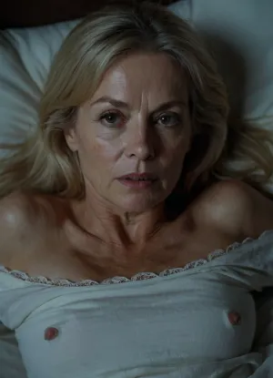 60 years old very petite woman, old shaggy breasts very White skin, very old skin, ((High detailed skin)), photographed at night with flash from above, real orgasm face, Wide open eyes, voluminous straight blonde hair, lying down over the best, face in the foreground, on the dirty bed night, very dark ambient