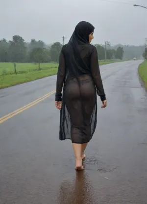 Indian Muslim women wearing hijab and tight thik buts walking on road wearing transparent black burkha, view hee back side of walking, and she was wet, rainy wethar, lots of guy staring her but, dark cloudy wethar, view utrawide angle, wide angle, full extra wide angle, full portrait, 4k details, extra detail, soft hands, sober face