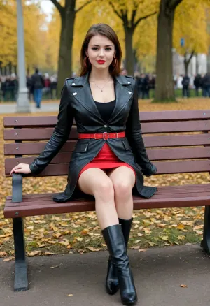 full portrait of a young woman sitting in a park bench, (spread legs), show shaved pussy slutty smile she is wearing a long cleavage black leather blazer and red micro skirt and black leather knee-high boots with large hoop earrings, front view, upskirt shot, looking away, middle distance, ptheels, high, heels, <lora:ptheels_sdxl_V2-000010:.8>, <lora:DetailedEyes_V3:.8>, <lora:crowd_notrigger:.8>