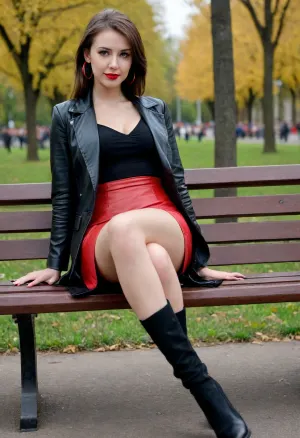 full portrait of a young woman sitting in a park bench, (spread legs), show shaved pussy slutty smile she is wearing a long cleavage black leather blazer and red micro skirt and black leather knee-high boots with large hoop earrings, front view, upskirt shot, looking away, middle distance, ptheels, high, heels, <lora:ptheels_sdxl_V2-000010:.8>, <lora:DetailedEyes_V3:.8>, <lora:crowd_notrigger:.8>