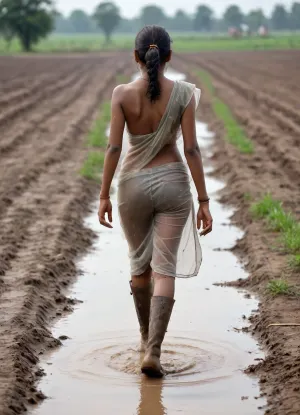 Indian young village girl wearing poor transparent saree and walking in farm show her back side her but glossy and shines and wearing big boots, mud dirt on her body, and she wet, portrait view wide angle, show her full back body, she