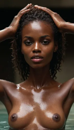 beautiful, very dark skin, skinny 23 year old, (African top model:1.5), completely naked, no shirt, girl rides caucasian white cock, reverse cowgirl, hands in the air, natural curly hair, perfect perky teardrop breasts, (wet skin:1.5), oiled skin, water dripping on body, mouth open, moaning with intense orgasmic pleasure, in the spa