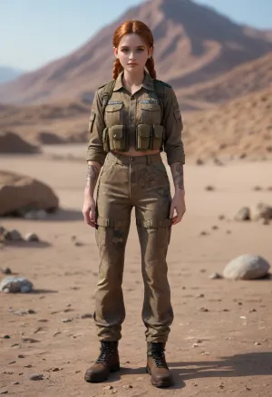 girl dressed in modern special forces military uniform and a tactical vest, camo pattern, Multicam, with a small tactical backpack, No patches or insignias, masterpiece, (girl dressed in modern special forces military uniform:1.6), (full body), no weapon, ginger hair, extremely attractive, wow factor, stunning, incredibly pretty, very sensual, model face, a perfect 10, beautiful, earrings, high resolution skin, 8k, 150mm, subsurface scattering, highly detailed eyes, ultra realistic skin, gorgeous face, hyperrealistic, facial muscles, nice stomach, athletic legs, posing, sweaty, vast desert landscape with soft dunes and distant mountains. muscular lower body, thick, french braids, 25 years old, Gritty hyperrealistic style, cinematic lighting, dark atmosphere. Color palette, black, ochre, dark green. Highly detailed, dramatic tension, no stylization, no cartoon, pale irish skin tone, tattoo, tanlines, sunburn, freckles, swedish
