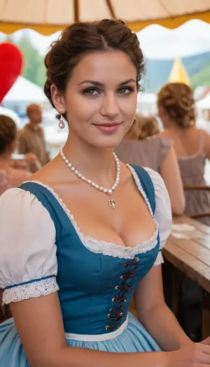 (high quality photographie), (detailed eyes), (detailed skin), (uötra sharp), 1 Women, Austrian Beauty, 27yo, tall, normal waiste, very long natural dark hair, artful pinned up hair, blue tradtional austrian dirndl dress with blouse and Pantyhose, brown eyes, very small tits, tanlines, pearl earrings, heart neclace, light makeup, painted nails, smiling, fairground in austria, sitting drink beer full body view