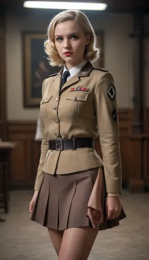 nazist uniform, blonde girl, full body handjob, cum on skirt