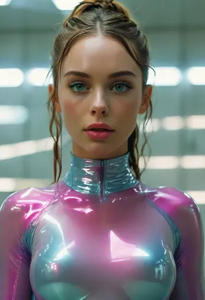 (Full body view:1.5), View from below, 25 year old woman, green eyes, happy playful smile, sidelocks, streaked hair, high braided ponytail, gradient hair, multicolored hair, purple tips, purple highlights, masterpiece, best quality, medium breasts, (clear transparent blue latex:1.2), skintight, impossible bodysuit, (cameltoe:1.5), female combatant, latex gloves, covered navel, neon green trim, neon green lines, expressionless face
pink lipstick, pink lips, fake eyelashes, silver eyeshadow, indoors, bright laboratory, futuristic laboratory, standing at attention, legs together, solo, (shiny glossy clear transparent latex clothing, gleaming oily clear transparent latex fabric:1.2), intricate, highly detailed, majestic, shallow depth of field, movie still, circular polarizer, colorful, <lora:MJ52:1>