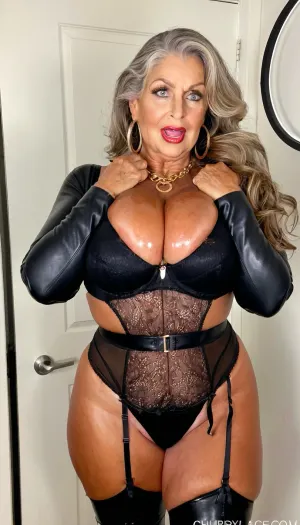 sexy granny mature, sexy 65 years old, dark blonde, long wave hair, chubby, tan skin, sexy naught orgasm face, selfie, glamour, make up, lipstick, huge hoop earrings, necklace, leather long sleeve lingerie