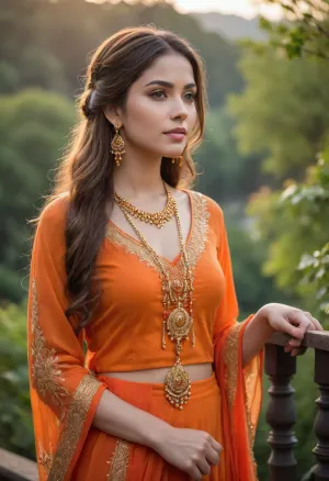 "A young woman stands gracefully outdoors, wearing a vibrant orange traditional outfit adorned with delicate gold embellishments. Her long, flowing hair cascades over her shoulders, complemented by intricate earrings and a beaded necklace. She leans against a railing, with a blurred natural background featuring greenery and a soft sunset