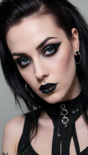 (avant-garde snapshot aesthetic, sensual portrait, goth model:1.6), (goth style, extreme goth makeup, extreme goth piercings, intricate goth hair style:1.8), (focus on eyes, sharp focus on eyes:1.7), (feminine beauty, feminine seduction:1.3), (warm and inviting color palette:1.2), (subtle contrasts:1.1), (contrasting soft shadows:1.1), (sexual tension, sexual desire, intimate foreplay, sexual ecstasy, desperate arousal:1.3), (shallow depth of field:1.4), (dramatic lighting:1.3), (blurred background:1.1), (detailed skin, maximum skin detail, detailed clothing:1.3), (natural skin texture, natural hair texture, vellus hairs, goosebumps:1.3), ziprealism
