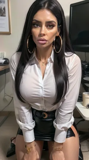 amateur style, (extremely detailed CG unity 8k wallpaper), photo of the most beautiful artwork in the world, Intricate, High Detail, Sharp focus, dramatic, male POV of 1 girl, staring at the viewer, eye contact. 40 year old white woman, very detailed skin, detailed face, very detailed iris, black hair, sleek straight hair, white shirt, black skirt, gold hoop earrings, perfect mouth, symmetrical face, kneeling on the floor, in an office, disappointing gaze, (wearing handcuffs, wrists cuffed together), ((looking, disgusted and bored:1.2)), bimbolips, big, lips, huge, enormous, <lora:BimbolipsV4-000003:.3>