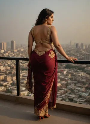 A Arabian chubby and big but sober woman, ((wearing high heels)), stands gracefully on a rooftop with her back facing the camera, exuding quiet and elegance. She is wearing a transparent bold black, ((not wearing inside bra and panties)), sleeveless backless blouse tied with delicate strings, paired with a golden saree adorned with intricate gold and maroon paisley embroidery. The soft drape of the saree accentuates her silhouette, while the urban skyline in the background adds a contrasting modern touch to the traditional attire. The moment captures a blend of sensuality and serenity under natural daylight., Cinematic and luxurious, view alutrawide angle, wide angle, full extra wide angle, full portrait, 4k details, extra detail, soft hands, sober face