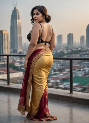 A Indonesian chubby and big but sober woman, ((wearing high heels)), stands gracefully on a rooftop with her back facing the camera, exuding quiet and elegance. She is wearing a transparent bold black, ((not wearing inside bra and panties)), sleeveless backless blouse tied with delicate strings, paired with a golden saree adorned with intricate gold and maroon paisley embroidery. The soft drape of the saree accentuates her silhouette, while the urban skyline in the background adds a contrasting modern touch to the traditional attire. The moment captures a blend of sensuality and serenity under natural daylight., Cinematic and luxurious, view alutrawide angle, wide angle, full extra wide angle, full portrait, 4k details, extra detail, soft hands, sober face