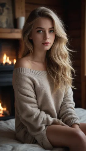 photorealistic, masterpiece, best quality, raw photo, lovely cute young attractive girl, 1girl, long hair, detailed eyes and face, 19 years old, an Instagram model, long blonde_hair, full_body, slim body, beautiful legs, beautiful pose, gorgeous girl, off-shoulder sweater, cozy cabin, snowy landscape, roaring fireplace, mugs, casual glamour, tousled hair, Russian skin
